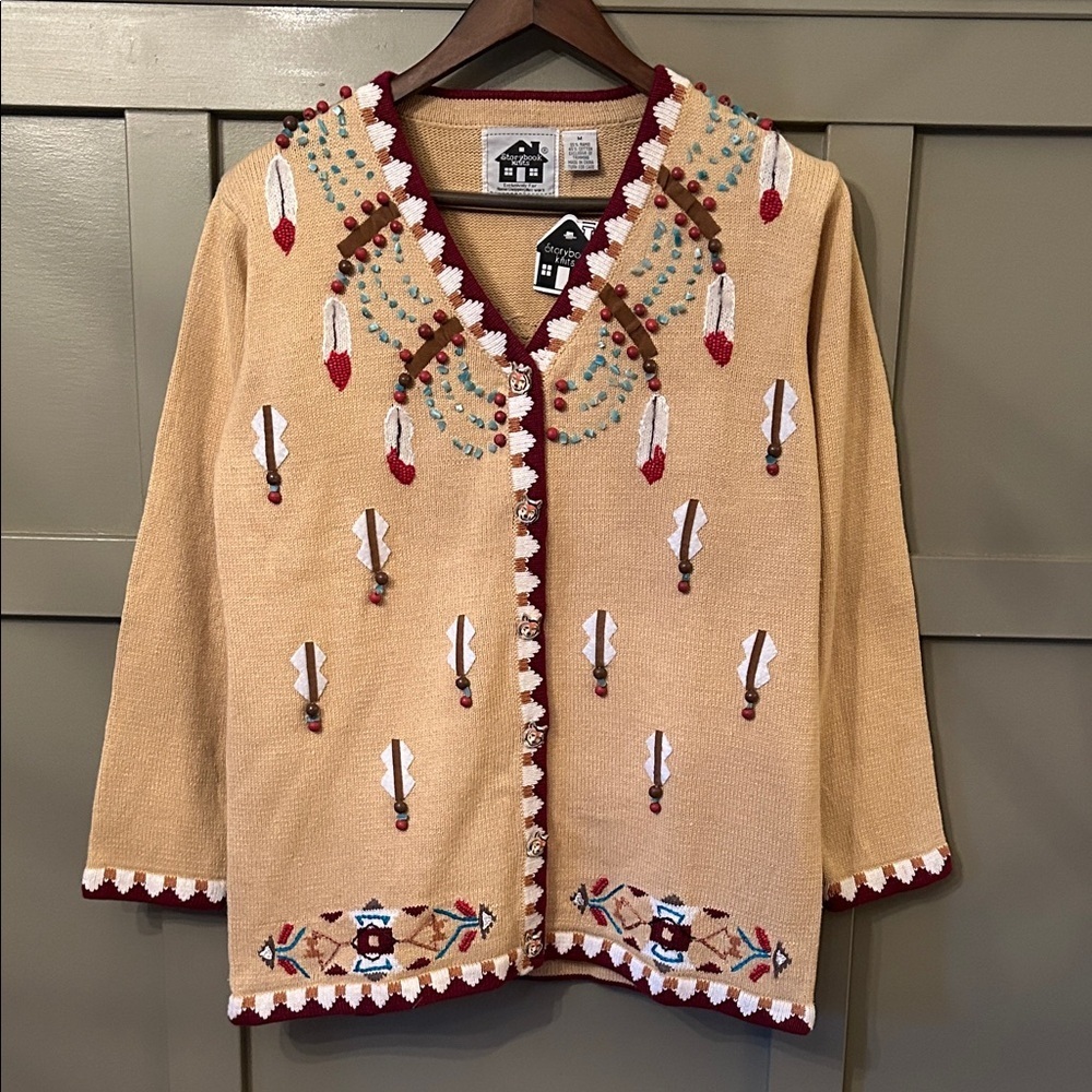 Storybook Knits Spirit of the Wolf Cardigan Sweater Beaded Embroidery Medium NWT